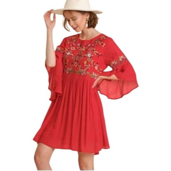 Umgee USA Womens Red Embroidered Bell Sleeve Boho Dress M Rayon Flowy Fit - Picture 1 of 16